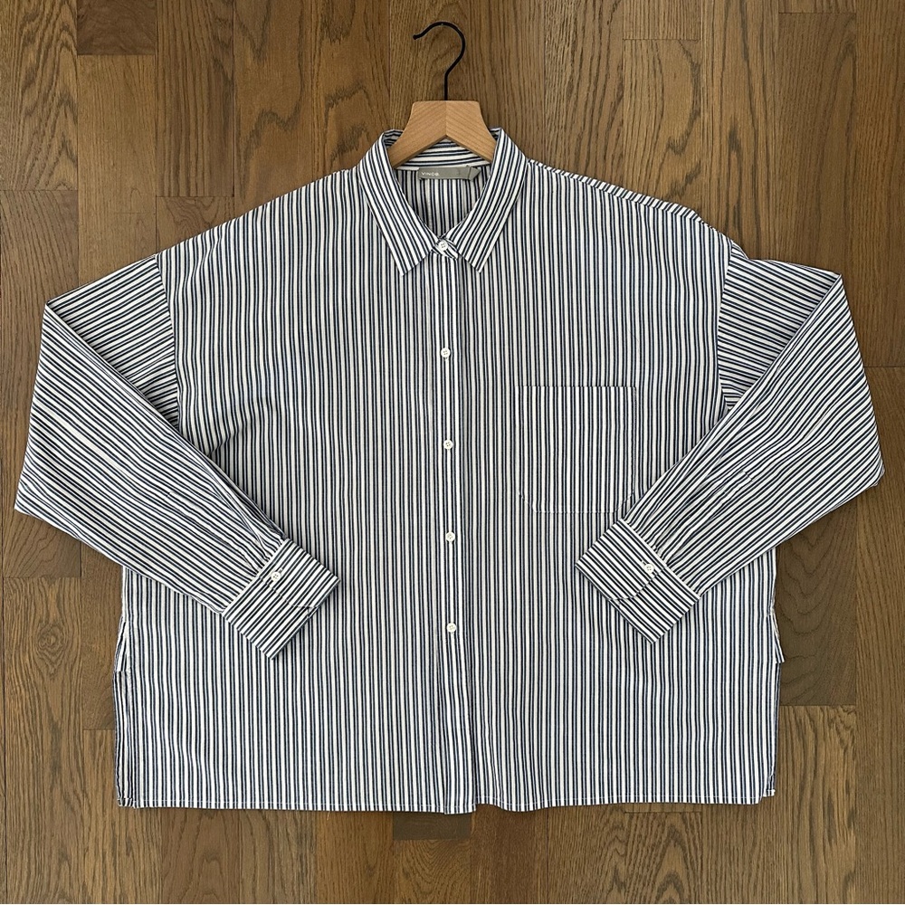 Vince Boxy Striped Shirt Button-Down Blouse Top in White, Blue, and Black Large